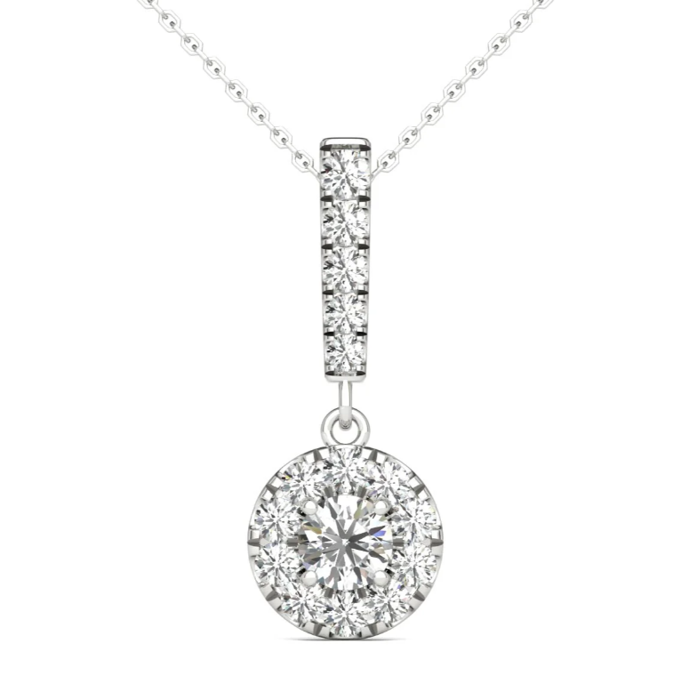 1.00 Cttw 14K White Gold Natural Diamond Halo Stick Pendant
