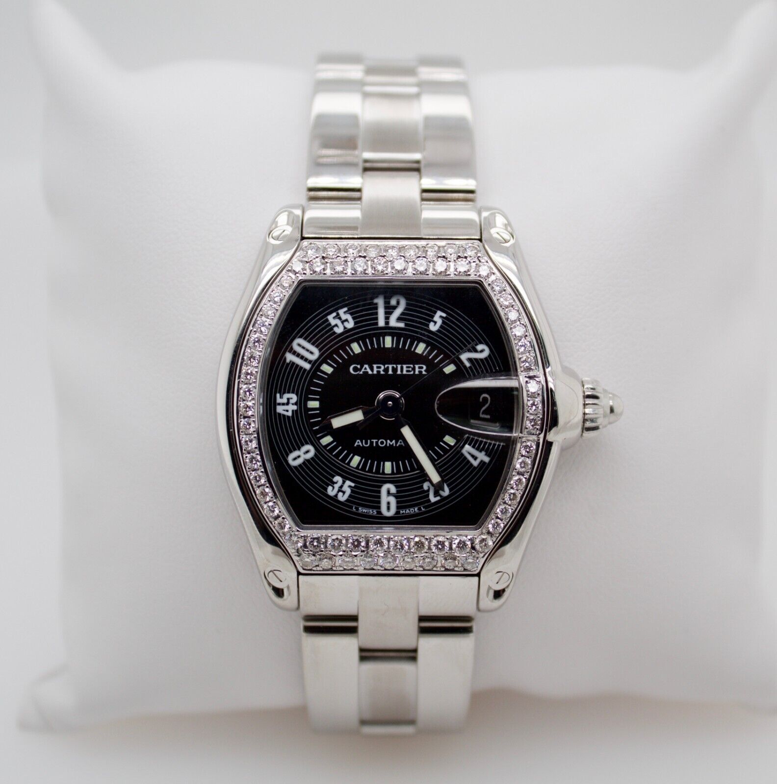 Cartier Roadster 37mm Custom Diamond Bezel Black Dial Automatic Date Watch