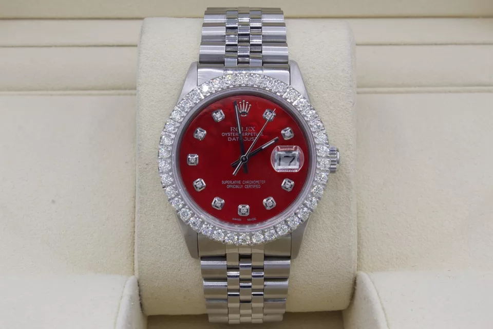 Rolex Datejust 36mm Custom 3ct VS Diamond Bezel & Red MOP Dial S/S Quickset