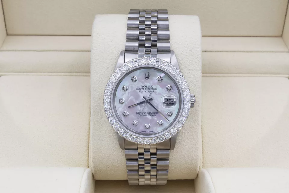 Rolex Datejust 36mm Custom 3ct VS Diamond Bezel & White MOP Dial Quickset